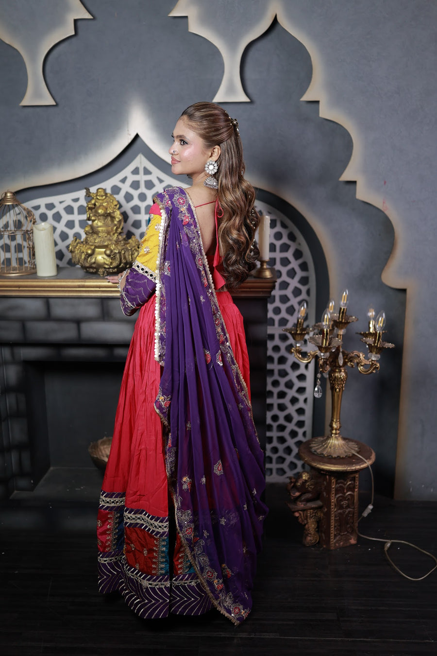 Red Cotton Kali Lehenga With Purple Zari Dupatta — back view