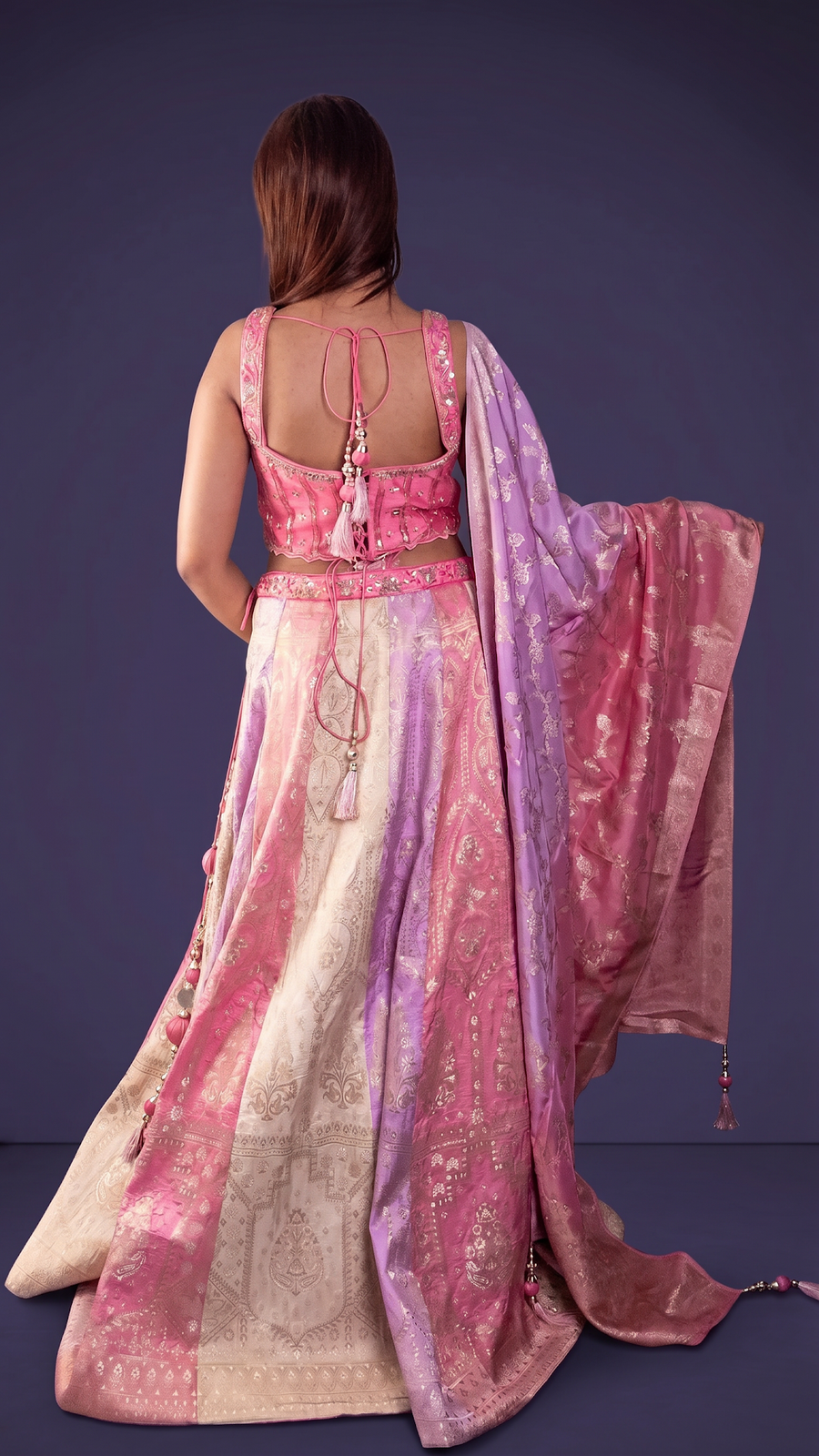 Ombré Brocade Kali Lehenga in Pink and Lilac — back view