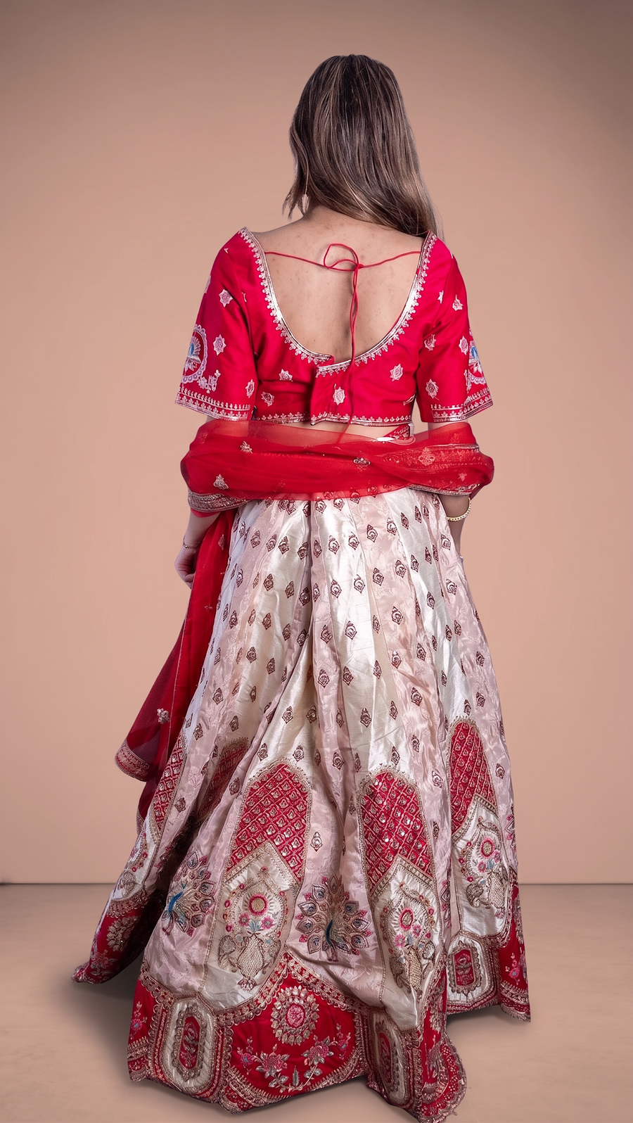 Ivory Shimmer Silk Kali Lehenga With Red Zari Blouse — back view