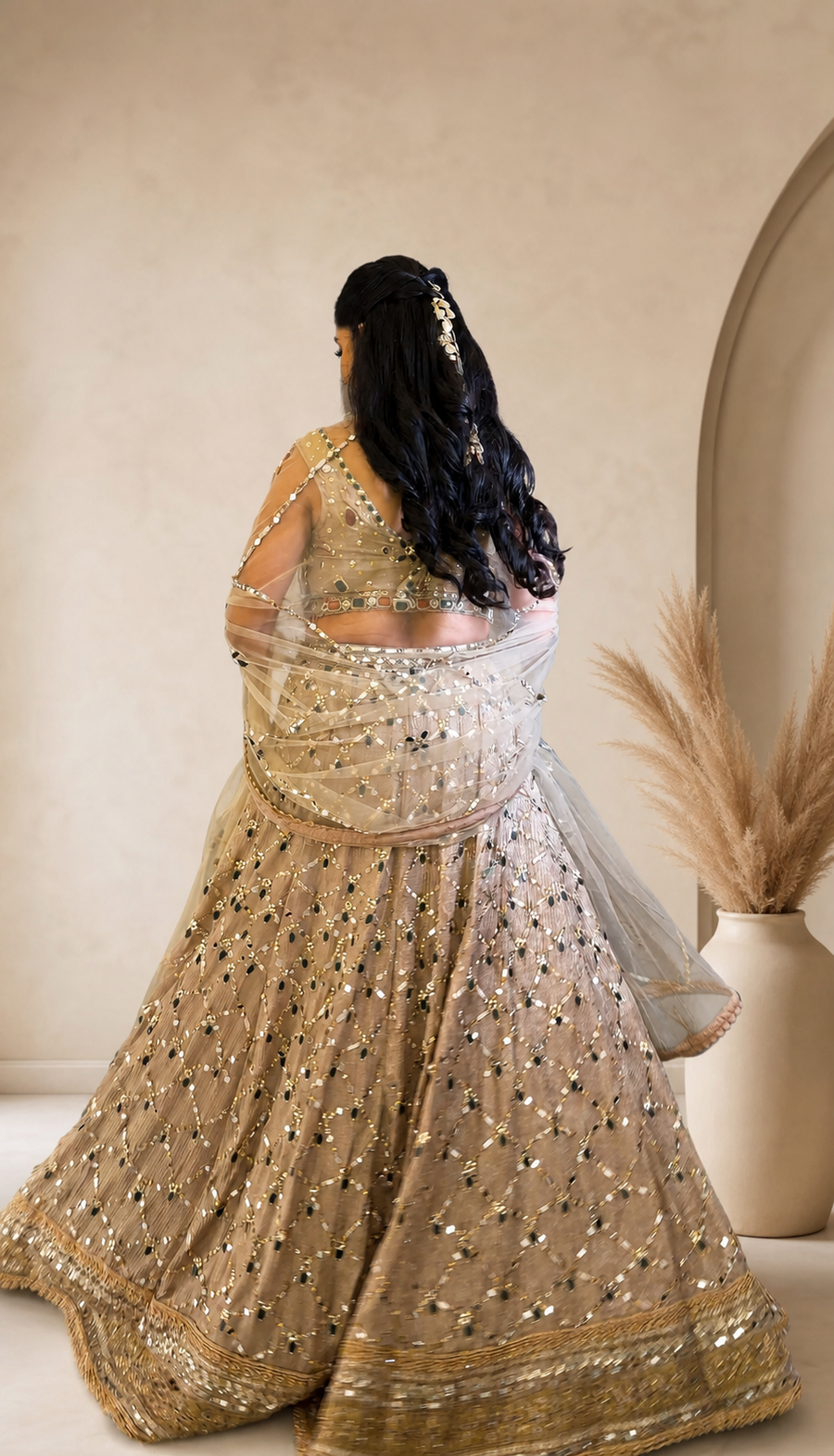 Champagne Net Lehenga With Stone and Mirror Work — blouse detail