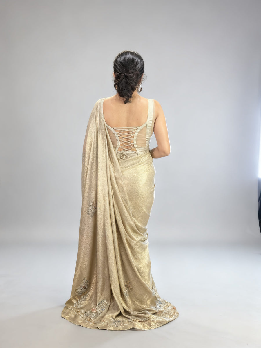 Gold Shimmer Tissue Pre-Draped Saree With Sequin Blouse — back view