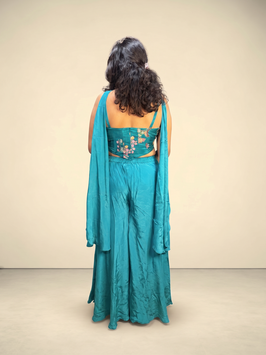 Teal Satin Corset Sharara Set With Bead Embroidery — back view