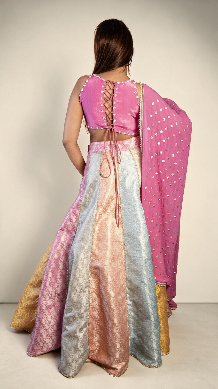 Multicolour Brocade Kali Lehenga With Pink Blouse — back view