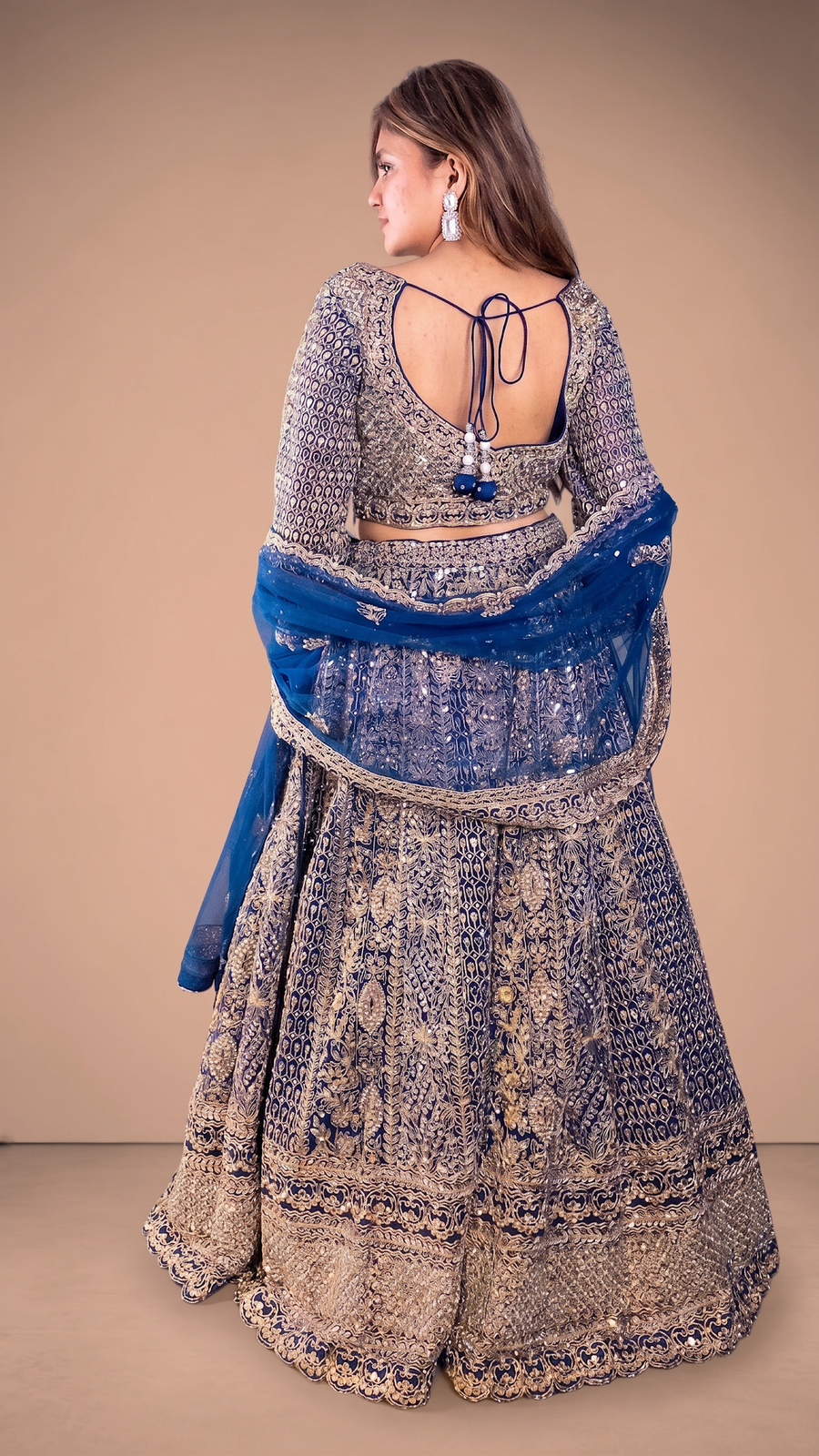 Sapphire Blue Net Lehenga With Mirror Work — back view