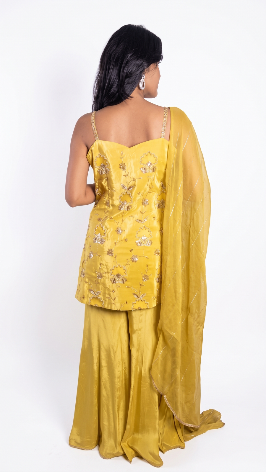 Mustard Georgette Cutdana Zari Sharara Set — back view