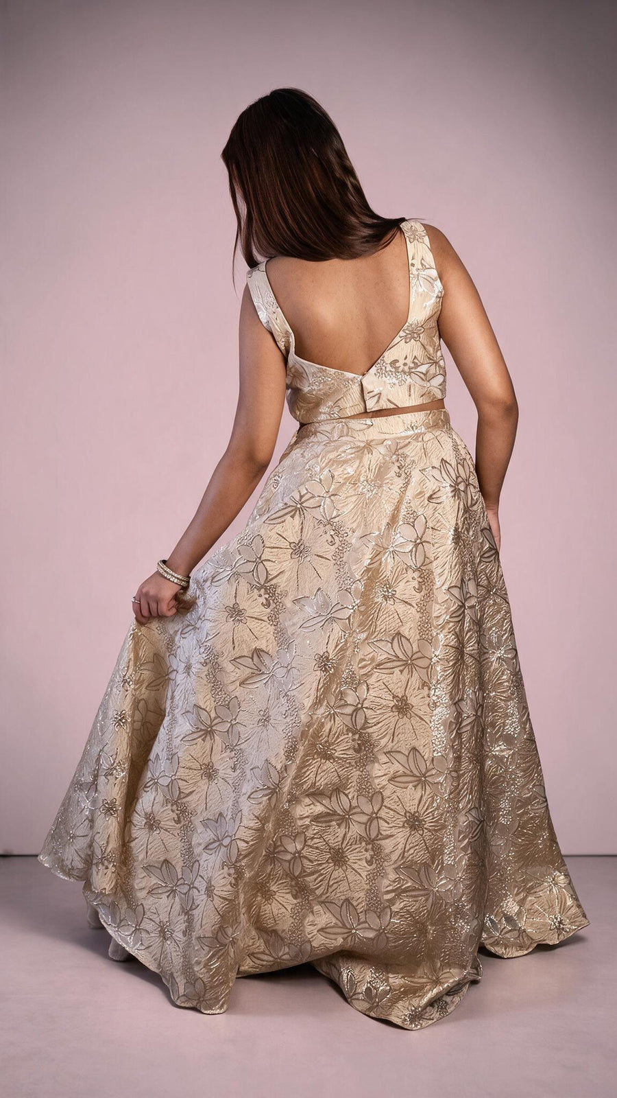 Gold Organza Tissue Flared Lehenga With Bead Work — back view