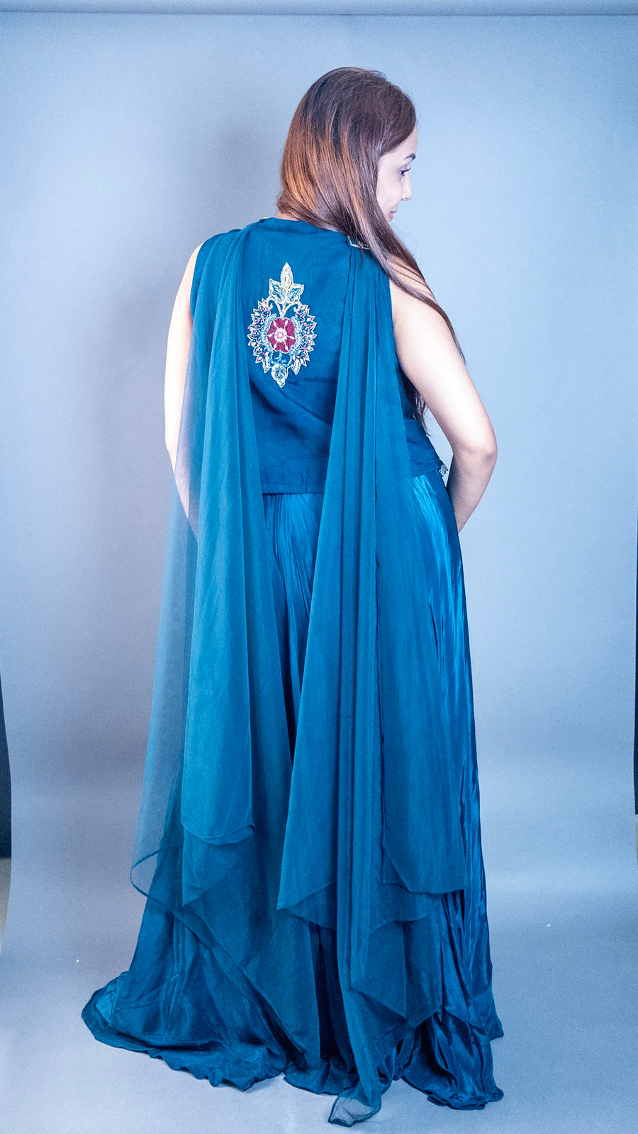 Navy Satin Sharara Set With Embroidered Cape Jacket — back view