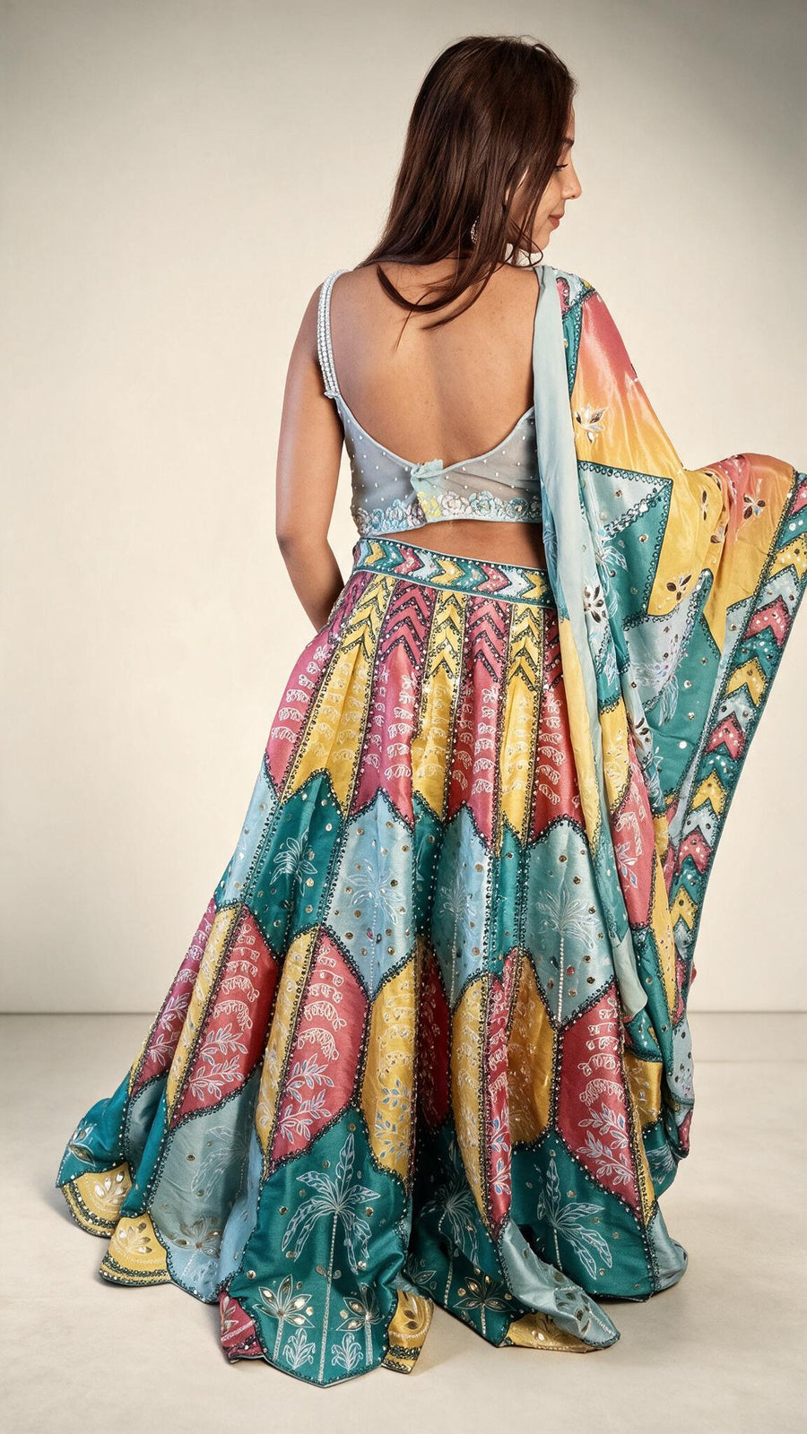 Multicolour Raw Silk Kali Lehenga With Pearl Bustier — back view