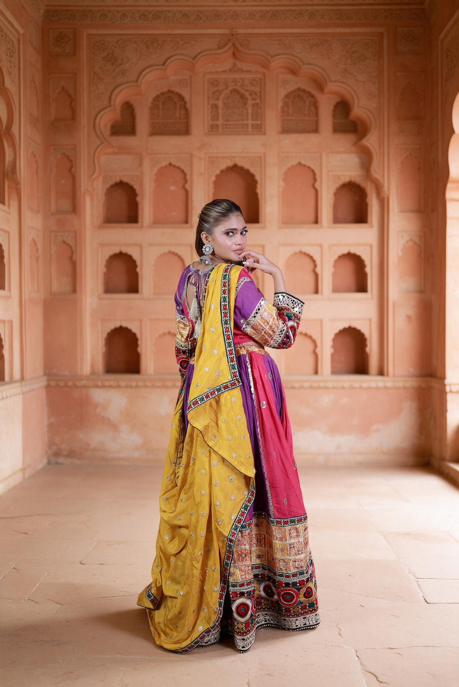 Multicolour Cotton Flared Kali Lehenga With Mirror Work — back view