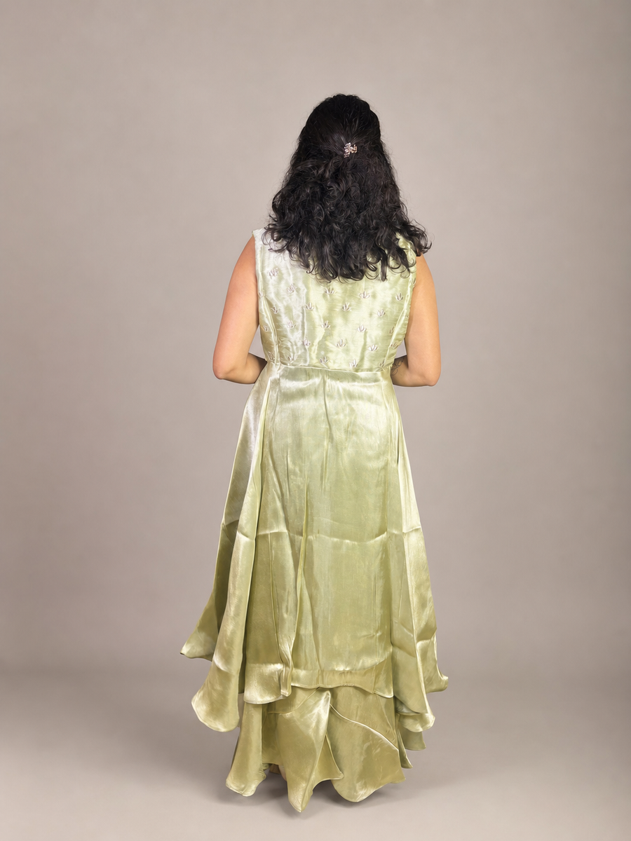 Sage Green Shimmer Tissue Cape and Sharara Set — back view