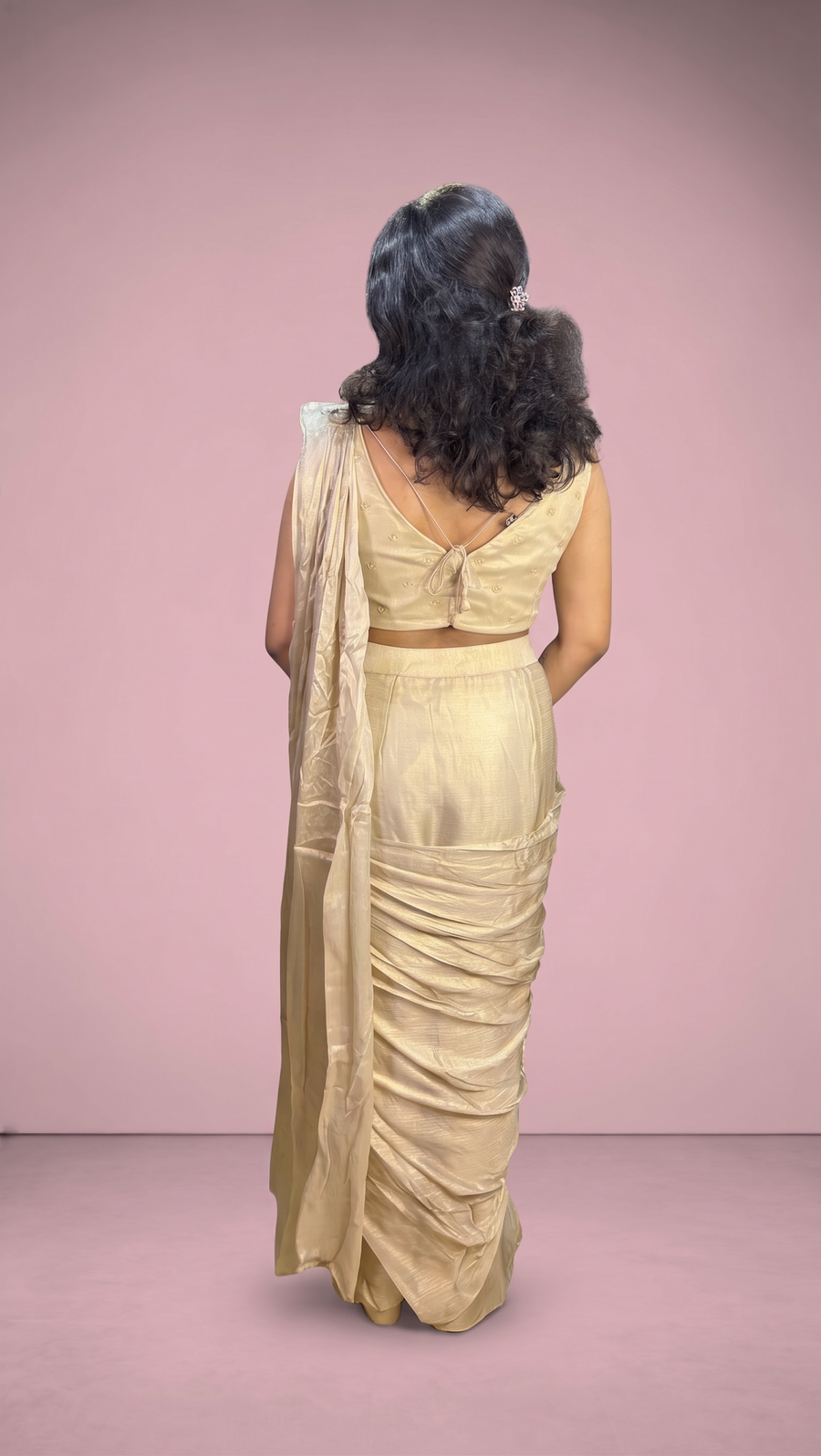 Ivory Pre-Draped Saree With Cutdana Sequin Blouse — back view