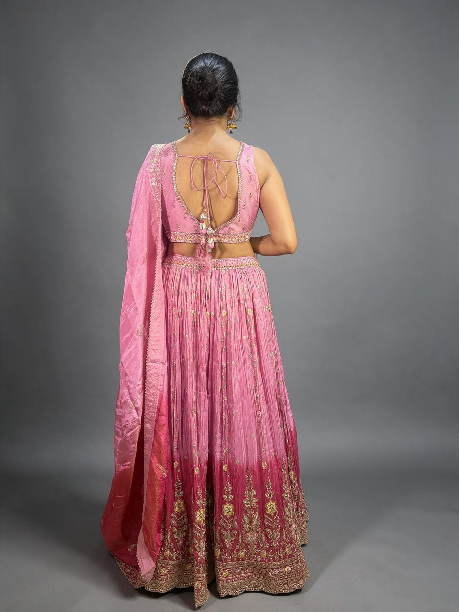 Pink Ombre Shimmer Tissue Lehenga With Zari Work — back view