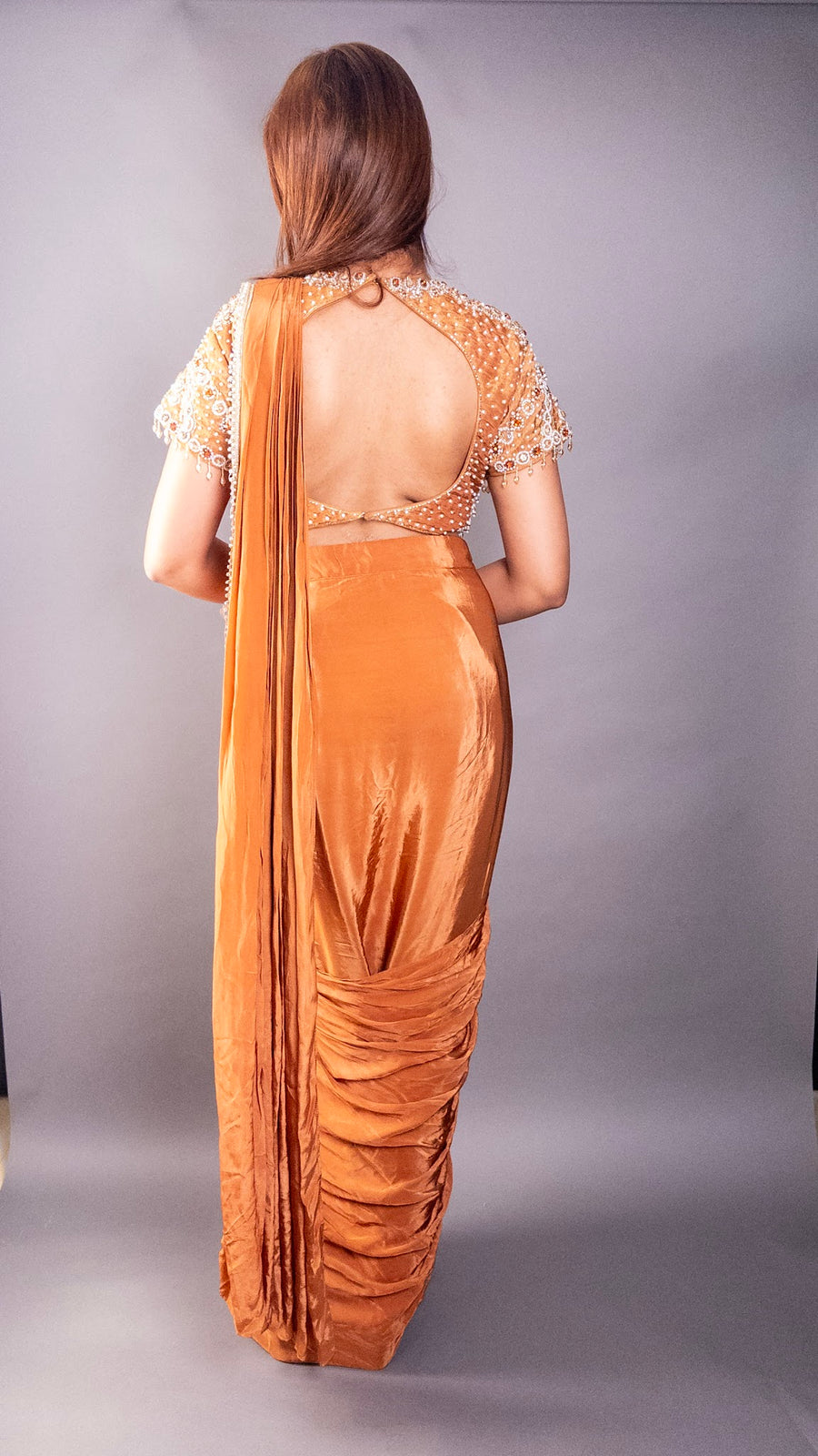 Rust Orange Chinon Pre-Draped Saree With Beaded Blouse — fabric detail
