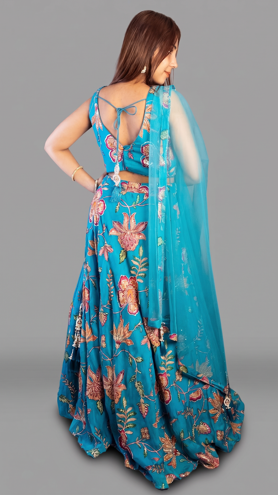 Teal Blue Printed Organza Flared Kali Lehenga Set — back view
