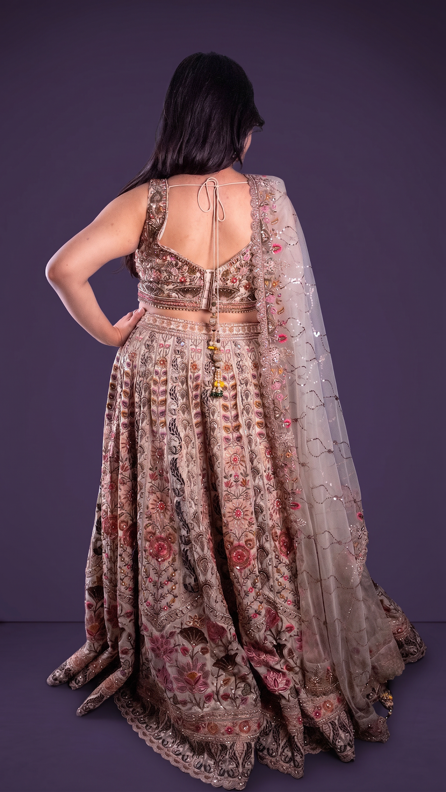 Off-White Shimmer Silk Kali Lehenga With Zari Thread Work — back view