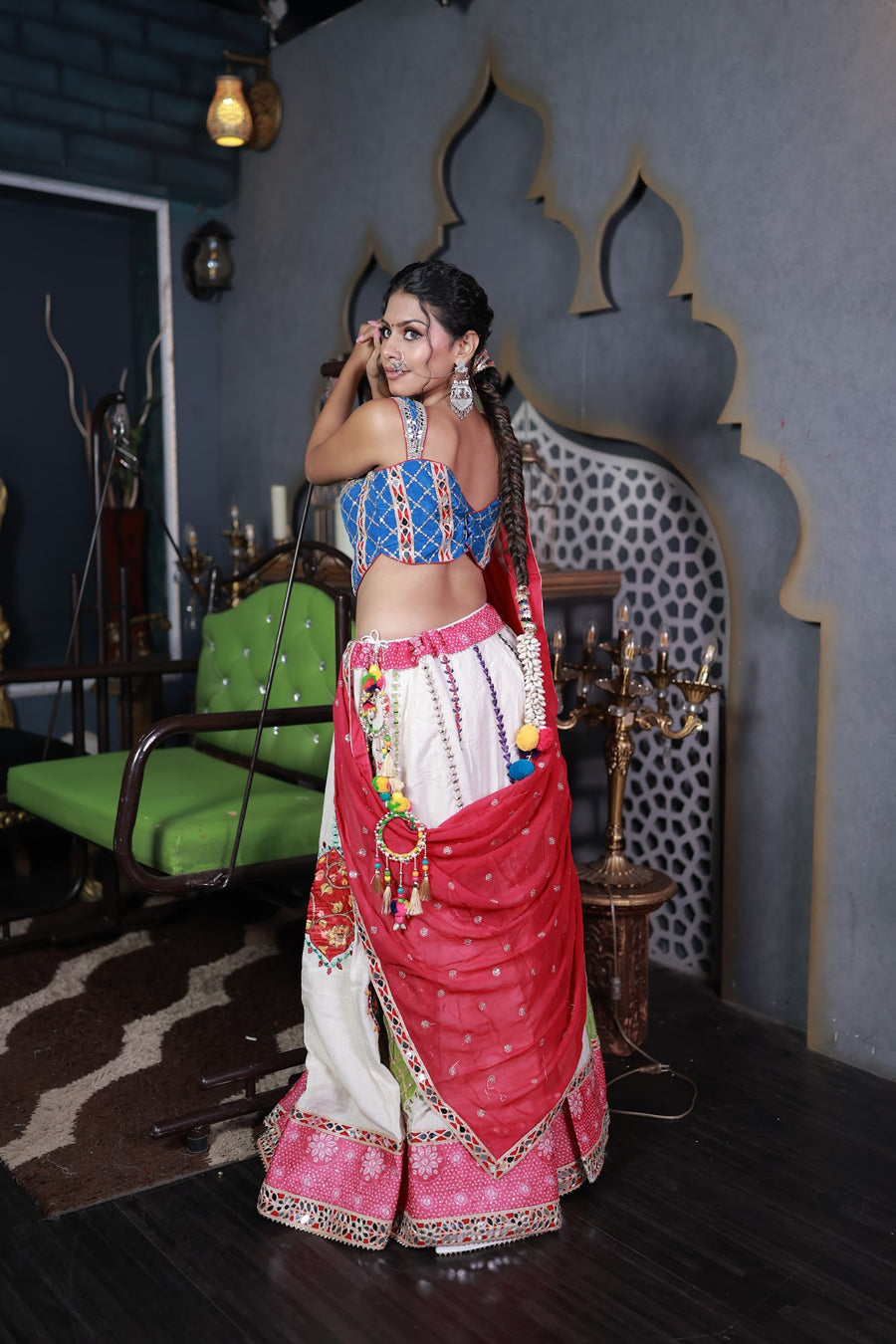 White Cotton Flared Lehenga With Mirror and Zari Work — back view