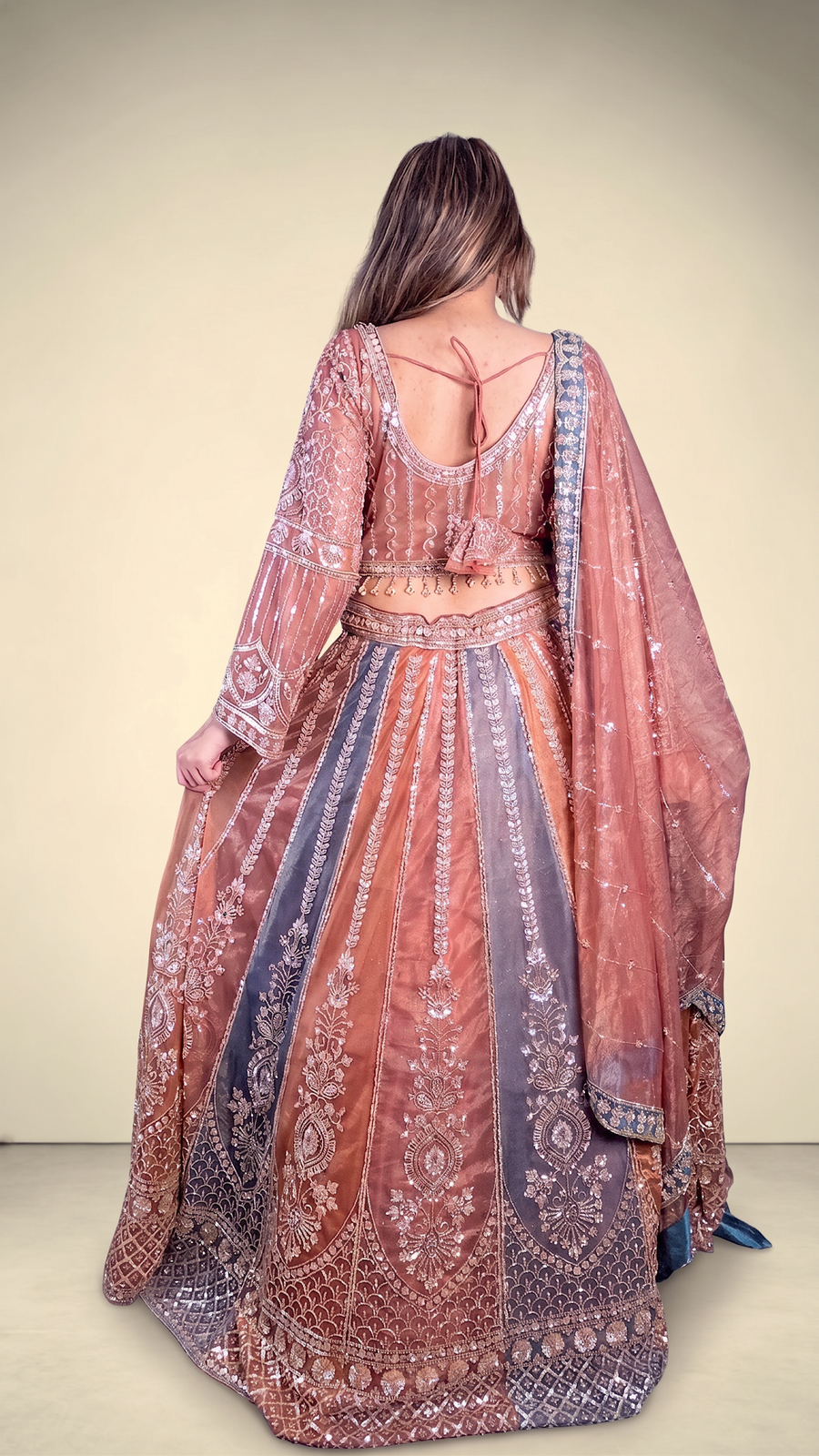 Rust Net Kali Lehenga With Zari and Sequin Work — back view