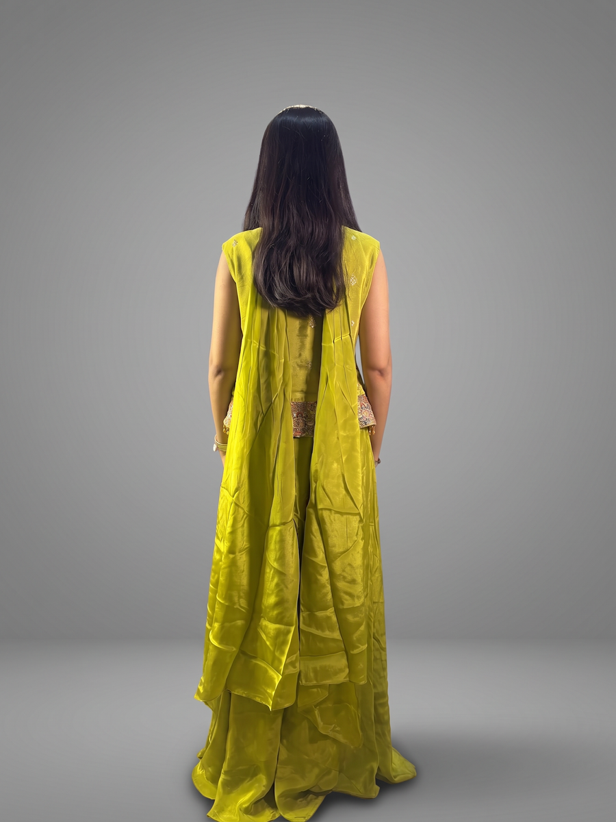 Parrot Green Silk Palazzo Suit With Paisley Embroidery — back view