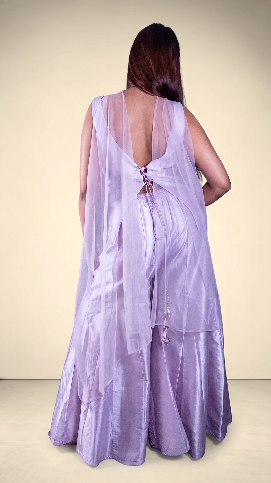 Lilac Raw Silk Mirror Zardozi Palazzo Suit Set — back view