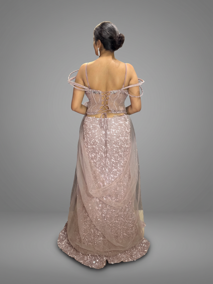 Rose Gold Sequin Mermaid Gown With Tulle Drape — back view