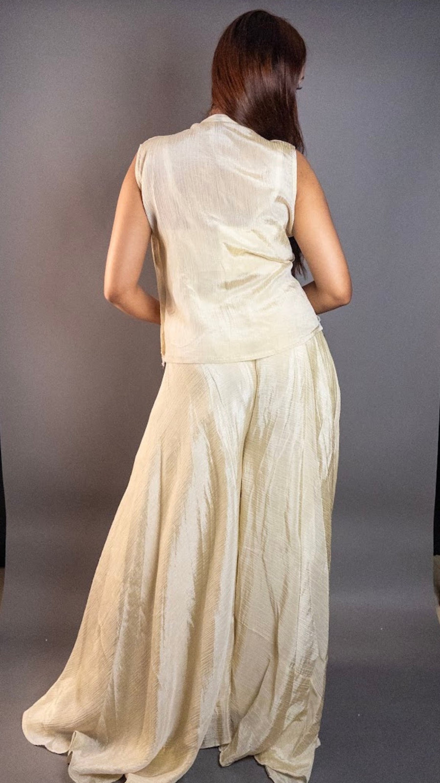 Ivory Crush Tissue Palazzo Set With Embellished Jacket — back view