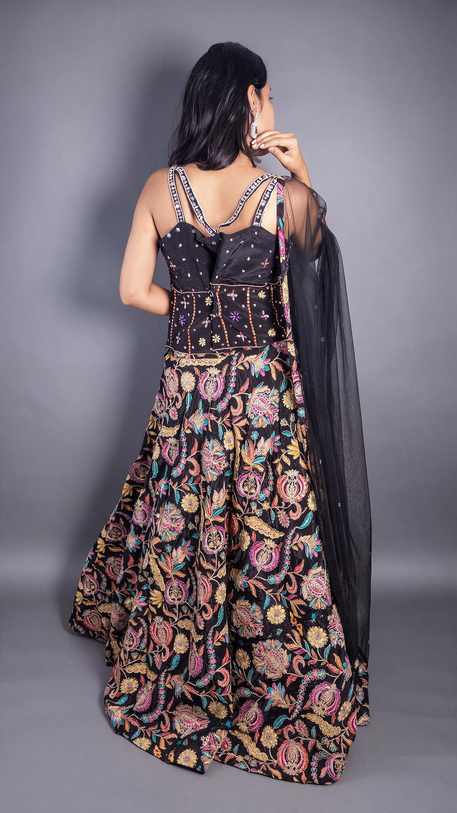 Black Crepe Lehenga With Bead And Pearl Handwork — back view