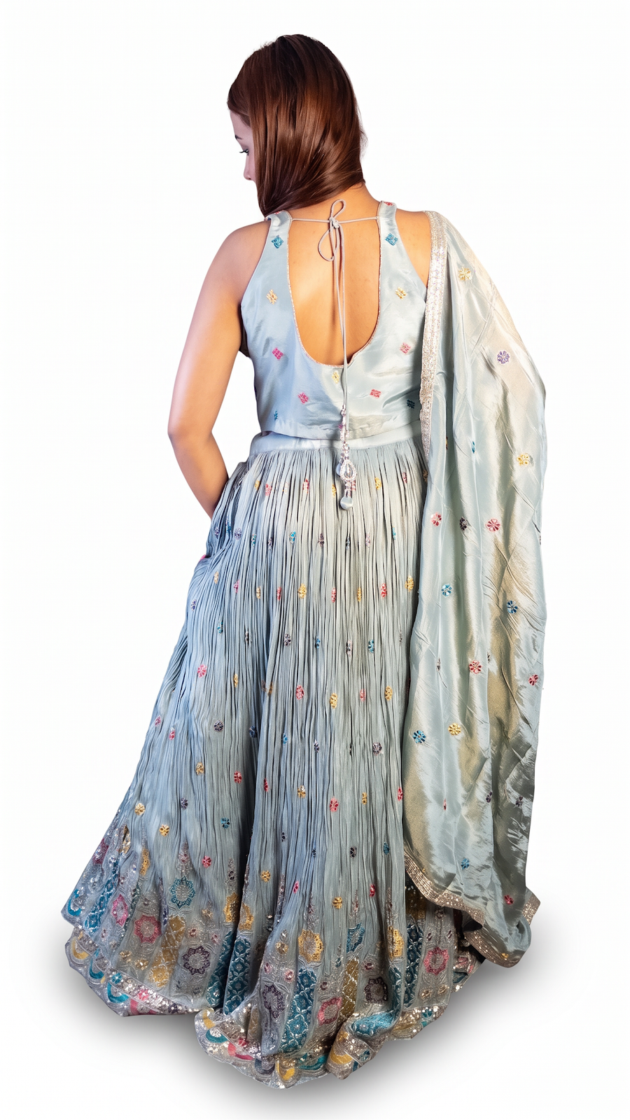 Sage Grey Crinkled Georgette Kali Lehenga Set — back view