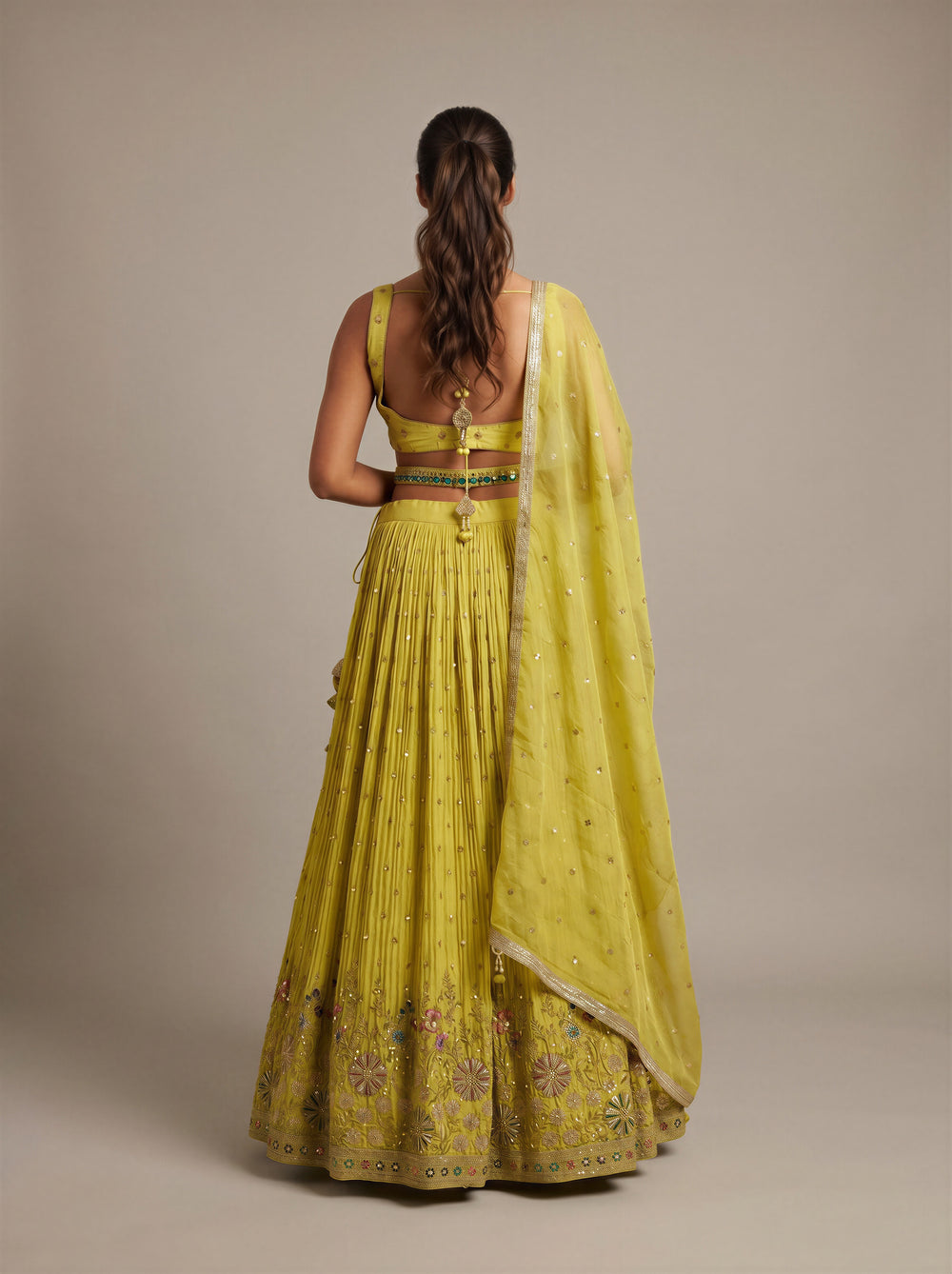 Nimbu Lemon Mirror-Work Tissue Lehenga Set