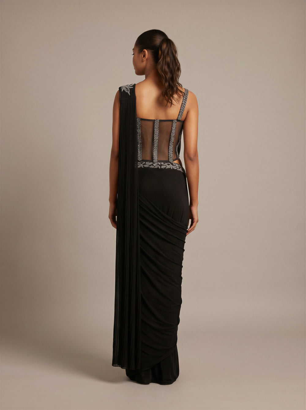 Noir Drape Beadwork Bustier Saree Gown