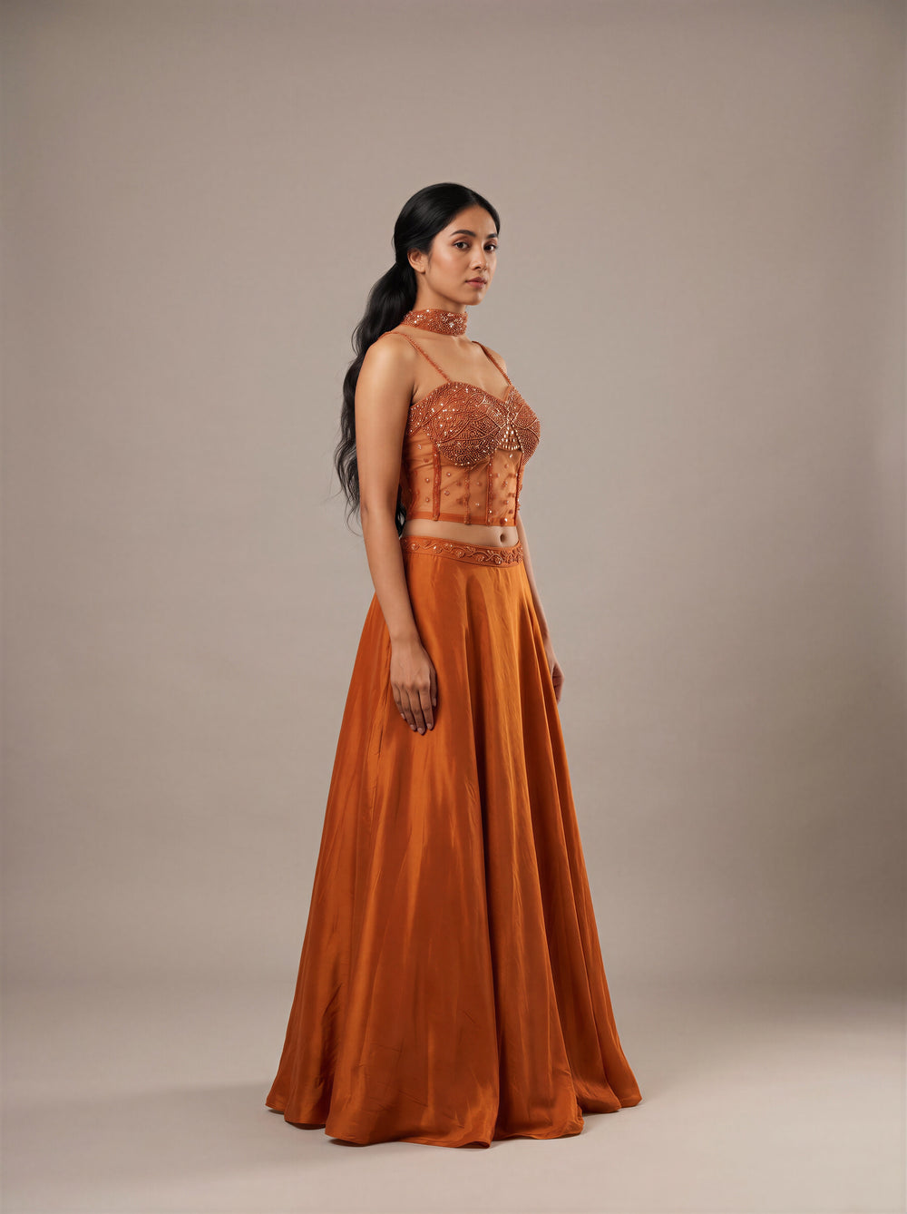 Ember Burnt Orange Beaded Bustier Lehenga