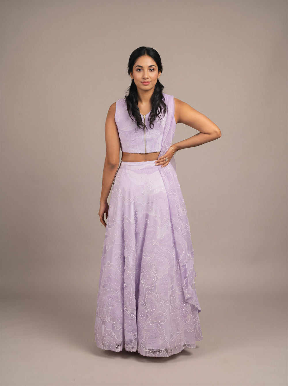 Lavender Pearl Bead Net Lehenga Set