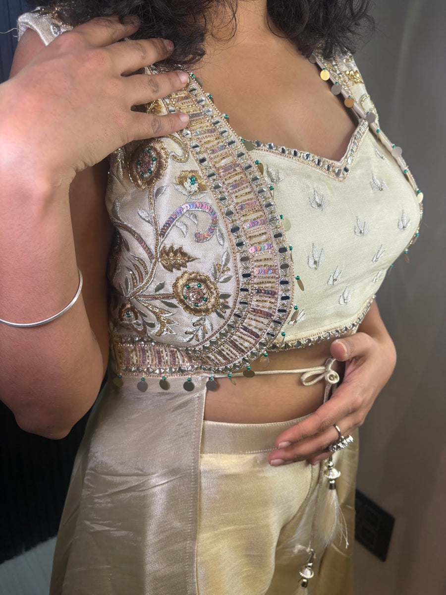 Off White Shimmer Tissue Embroidered Cape Sharara Set — dupatta detail