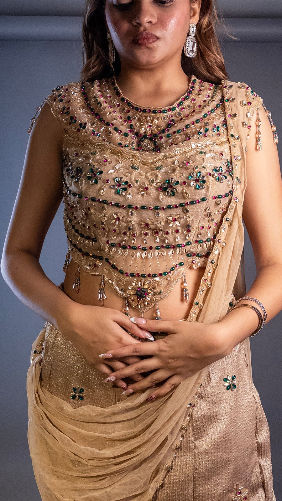 Champagne Shimmer Tissue Fishtail Lehenga Saree — dupatta detail