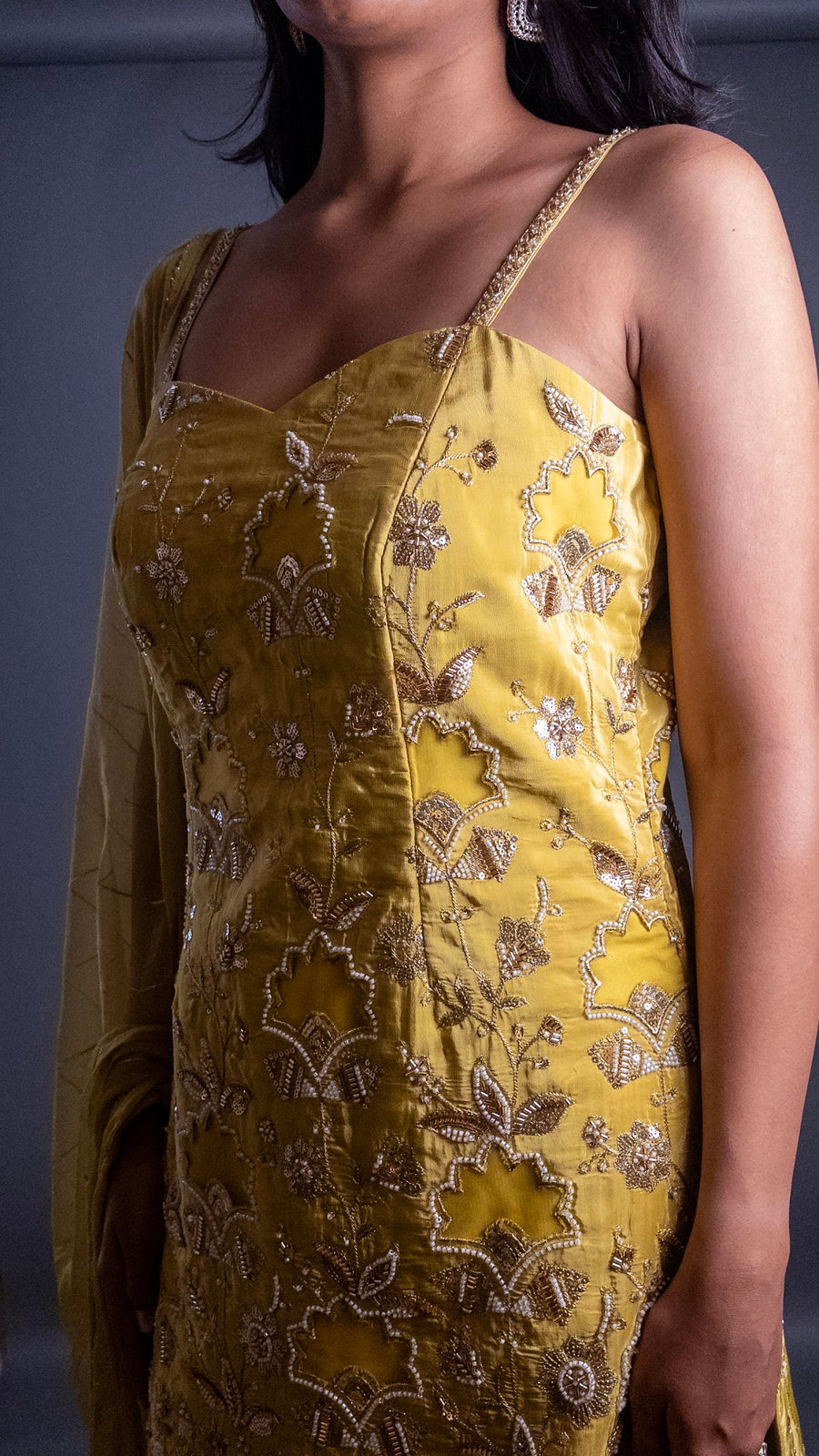 Mustard Georgette Cutdana Zari Sharara Set — dupatta detail