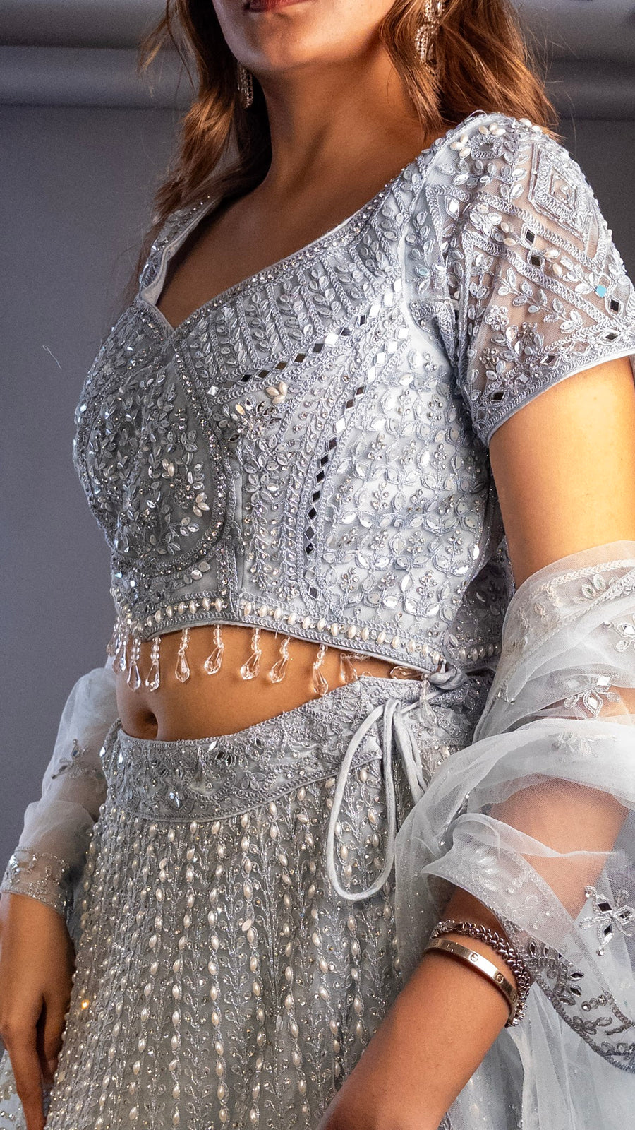 Silver-Grey Cutdana and Mirror Flared Lehenga Set — dupatta detail