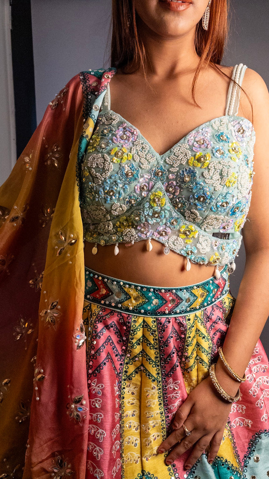 Multicolour Raw Silk Kali Lehenga With Pearl Bustier — dupatta detail
