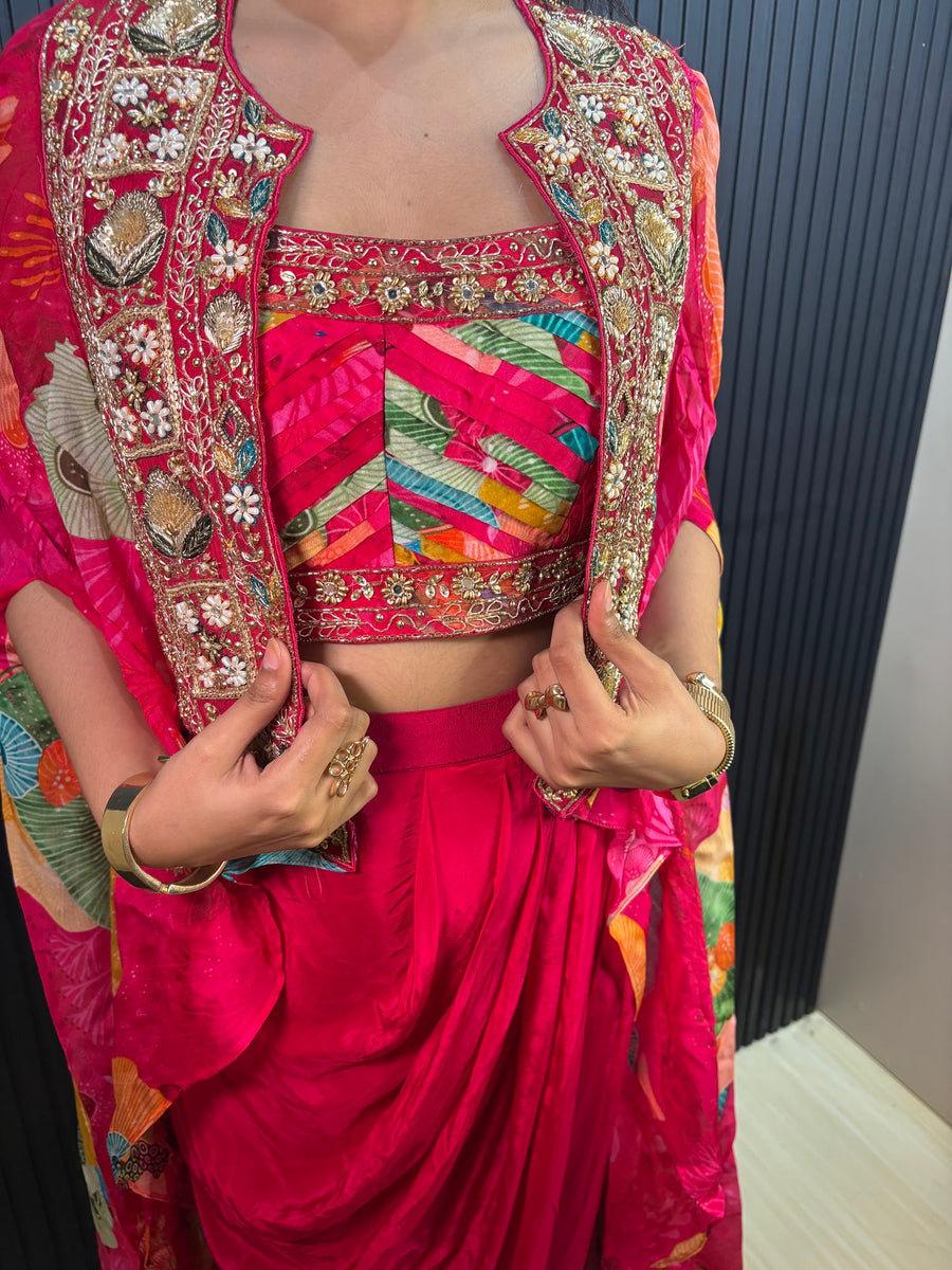Hot Pink Georgette Draped Skirt Set With Zardozi Jacket — dupatta detail