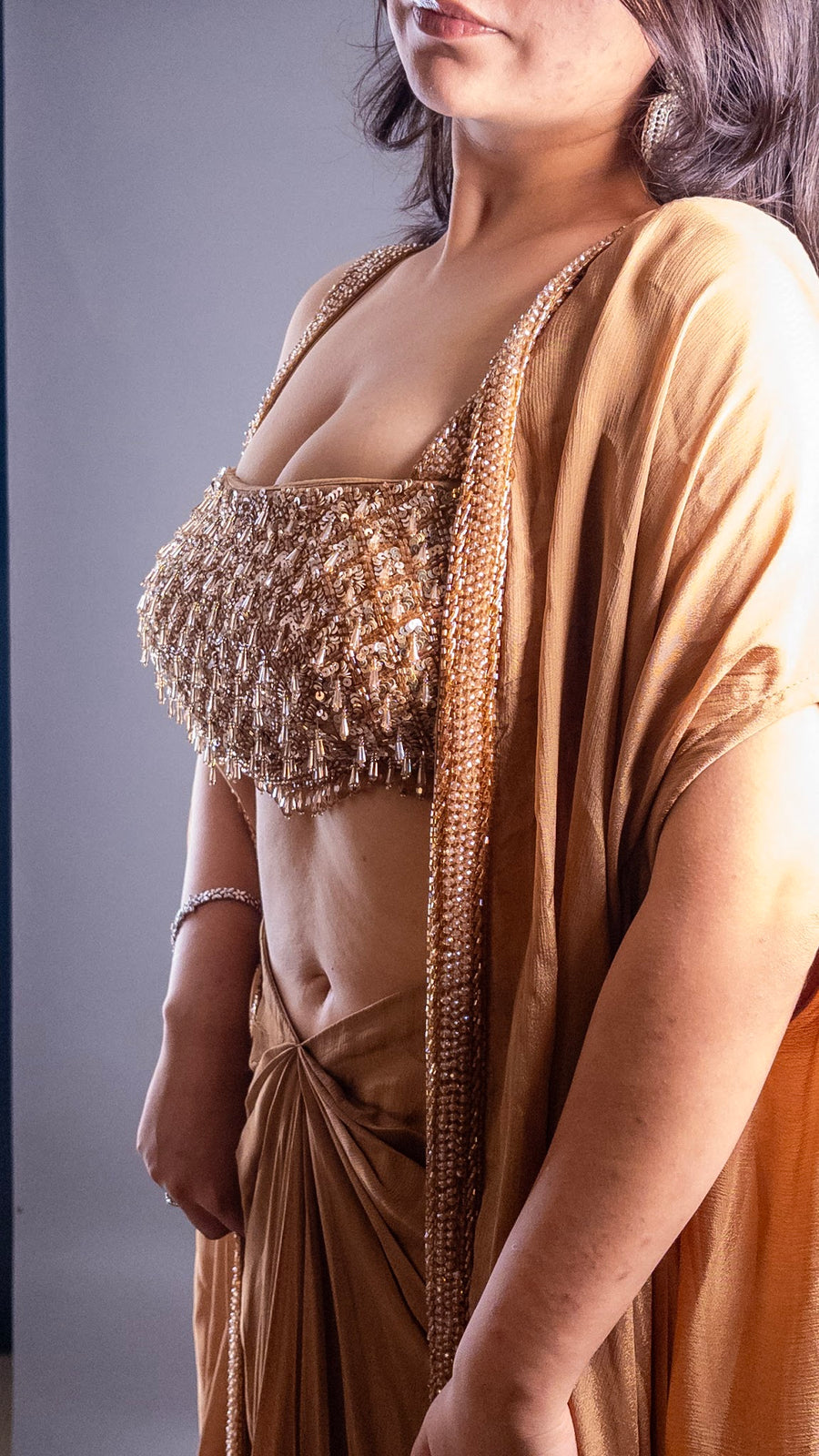 Beige Chenon Dhoti Set With Beaded Sequin Bustier — dupatta detail