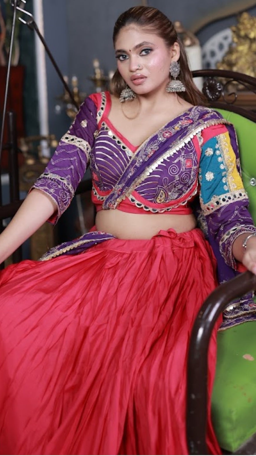 Red Cotton Kali Lehenga With Purple Zari Dupatta — dupatta detail