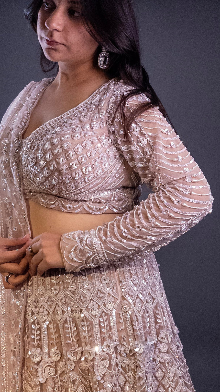Blush Pink Net Lehenga With Cutdana and Sequin Work — dupatta detail
