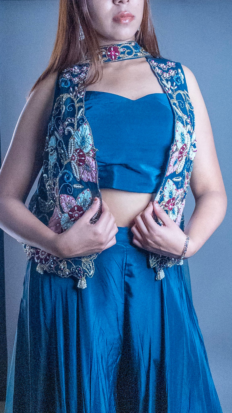 Navy Satin Sharara Set With Embroidered Cape Jacket — dupatta detail