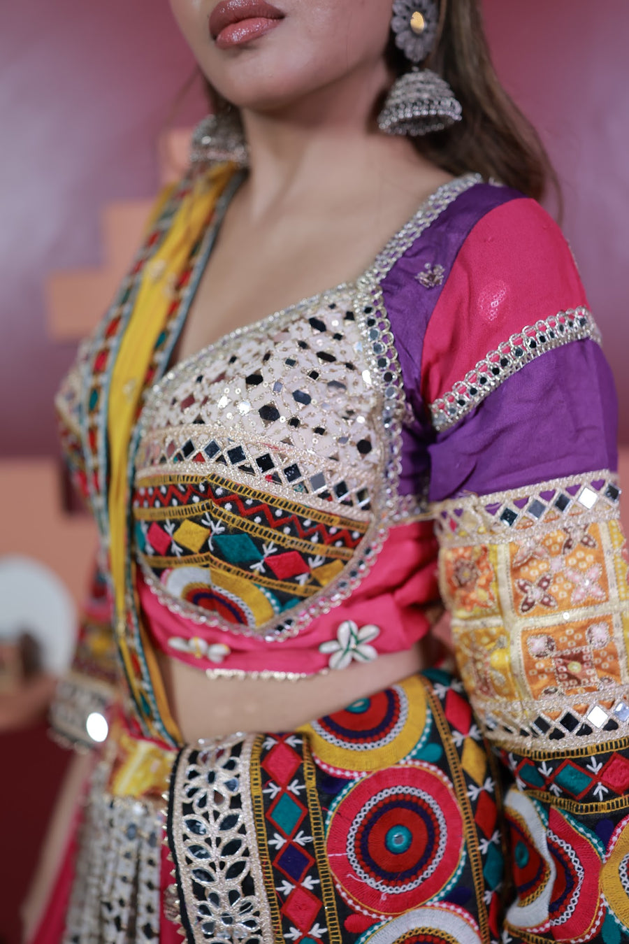 Multicolour Cotton Flared Kali Lehenga With Mirror Work — dupatta detail