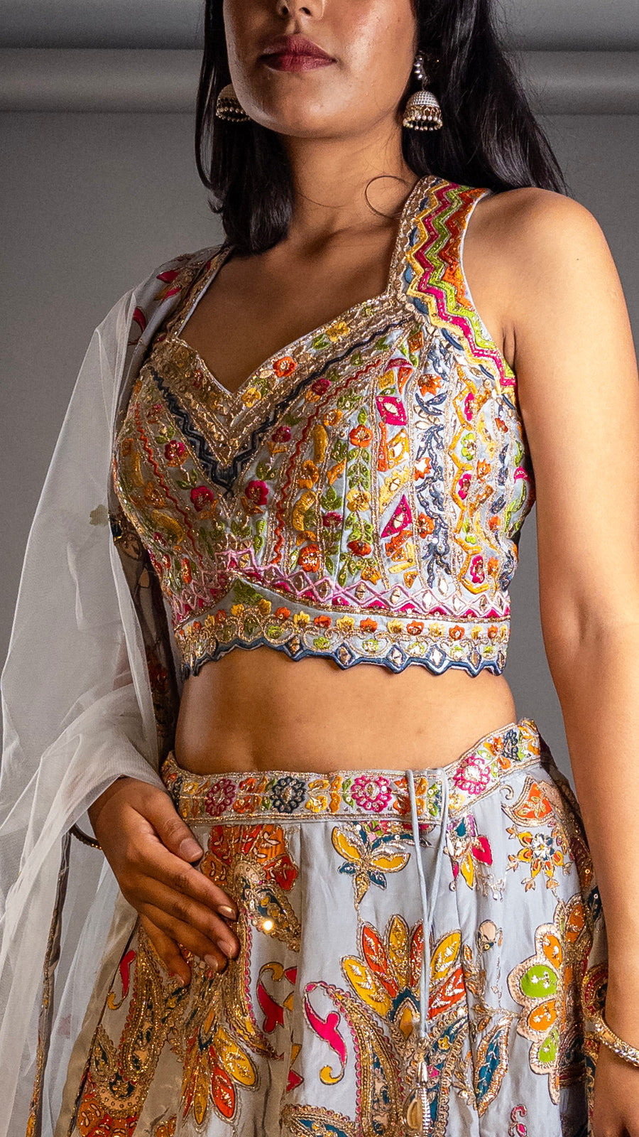 Sky Blue Crape Lehenga With Thread and Zari Work — dupatta detail