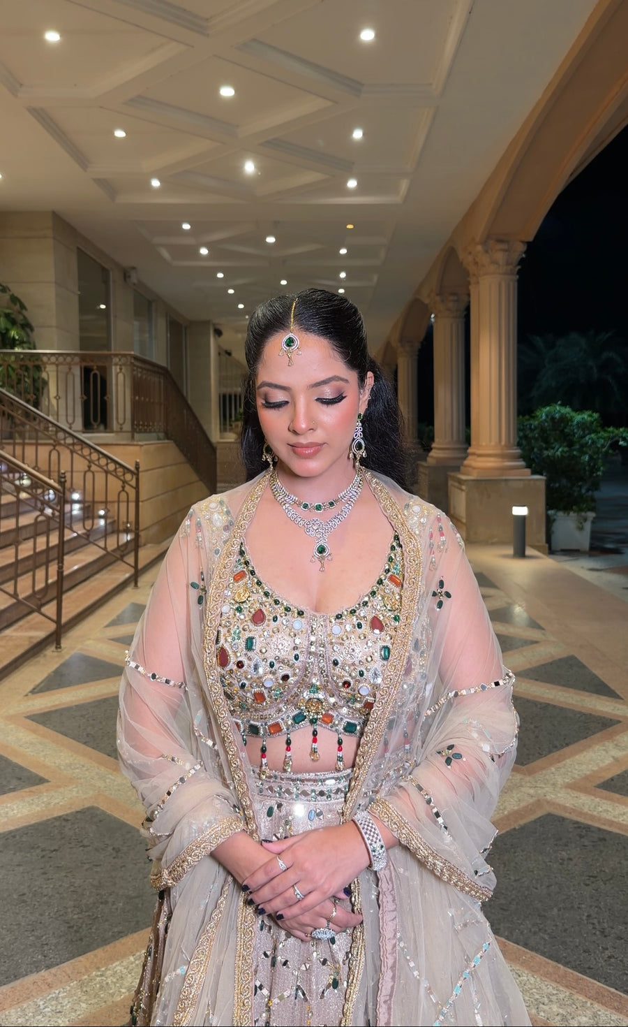 Champagne Net Lehenga With Stone and Mirror Work — styling detail