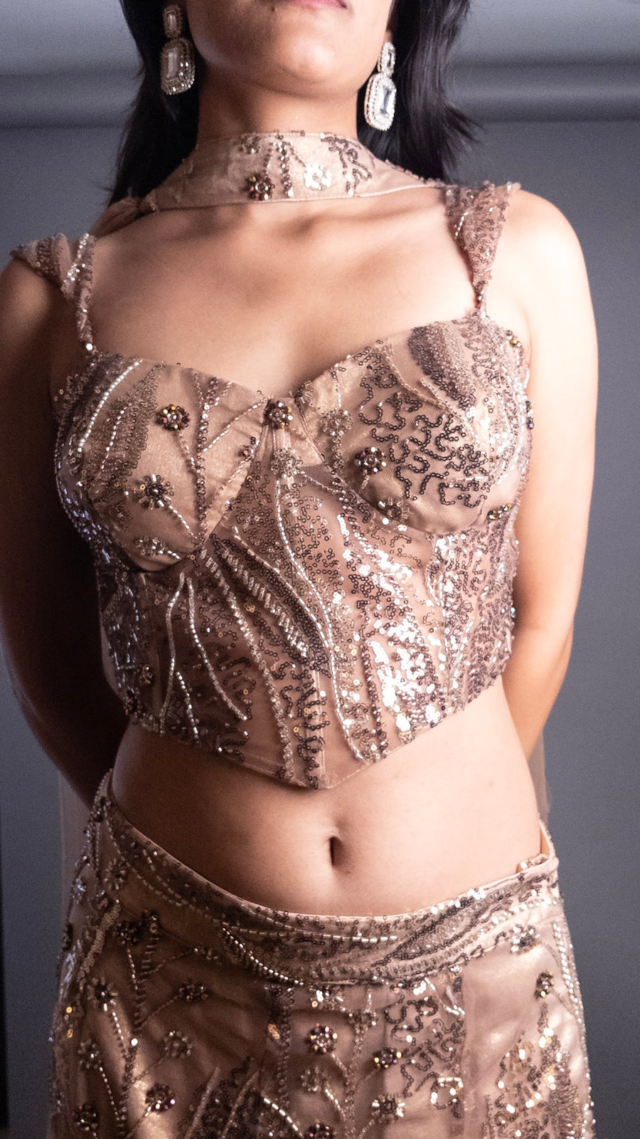 Copper Sequin Soft Net Mermaid Lehenga With Choker Cape — dupatta detail