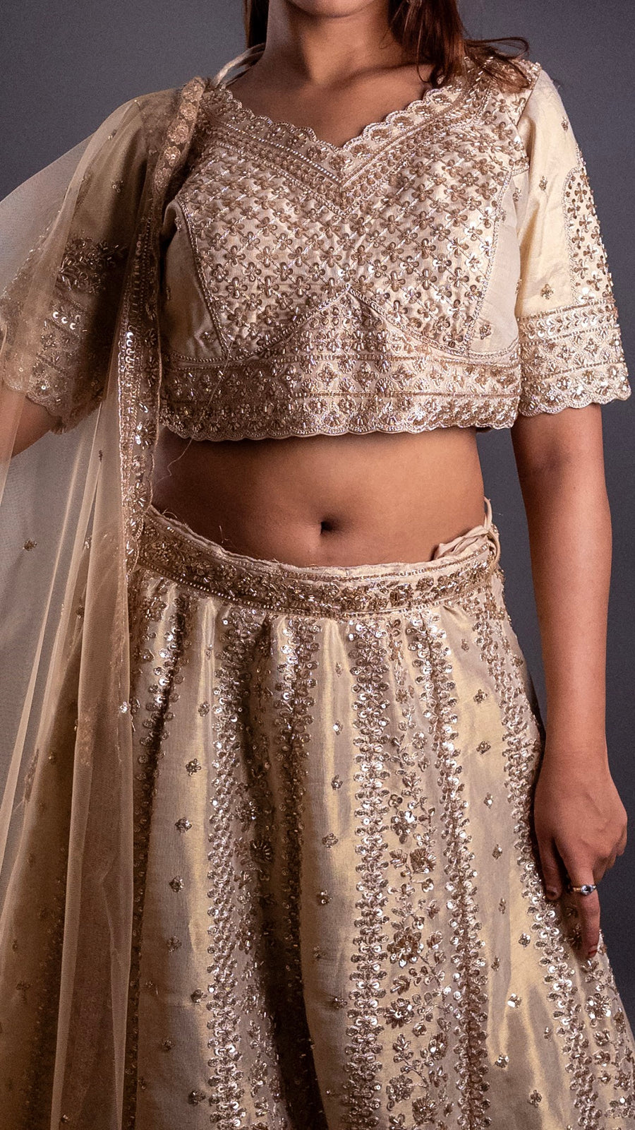 Golden Net Lehenga With Stone and Cutdana Work — dupatta detail