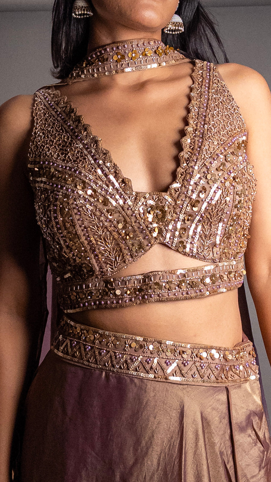 Brown Shimmer Tissue Kali Lehenga With Beaded Blouse — dupatta detail