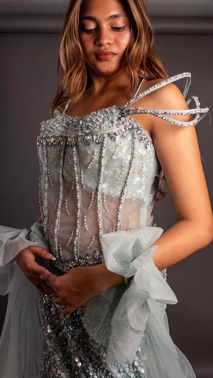 Pearl Blue Sequin Mermaid Lehenga With Corset Bodice — dupatta detail