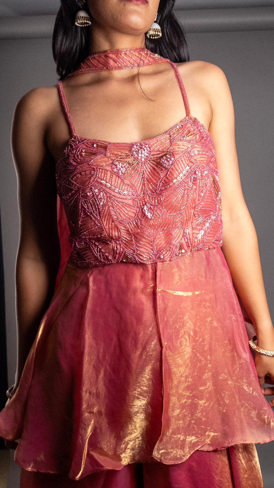 Onion Pink Fendy Tissue Palazzo Suit Set — dupatta detail
