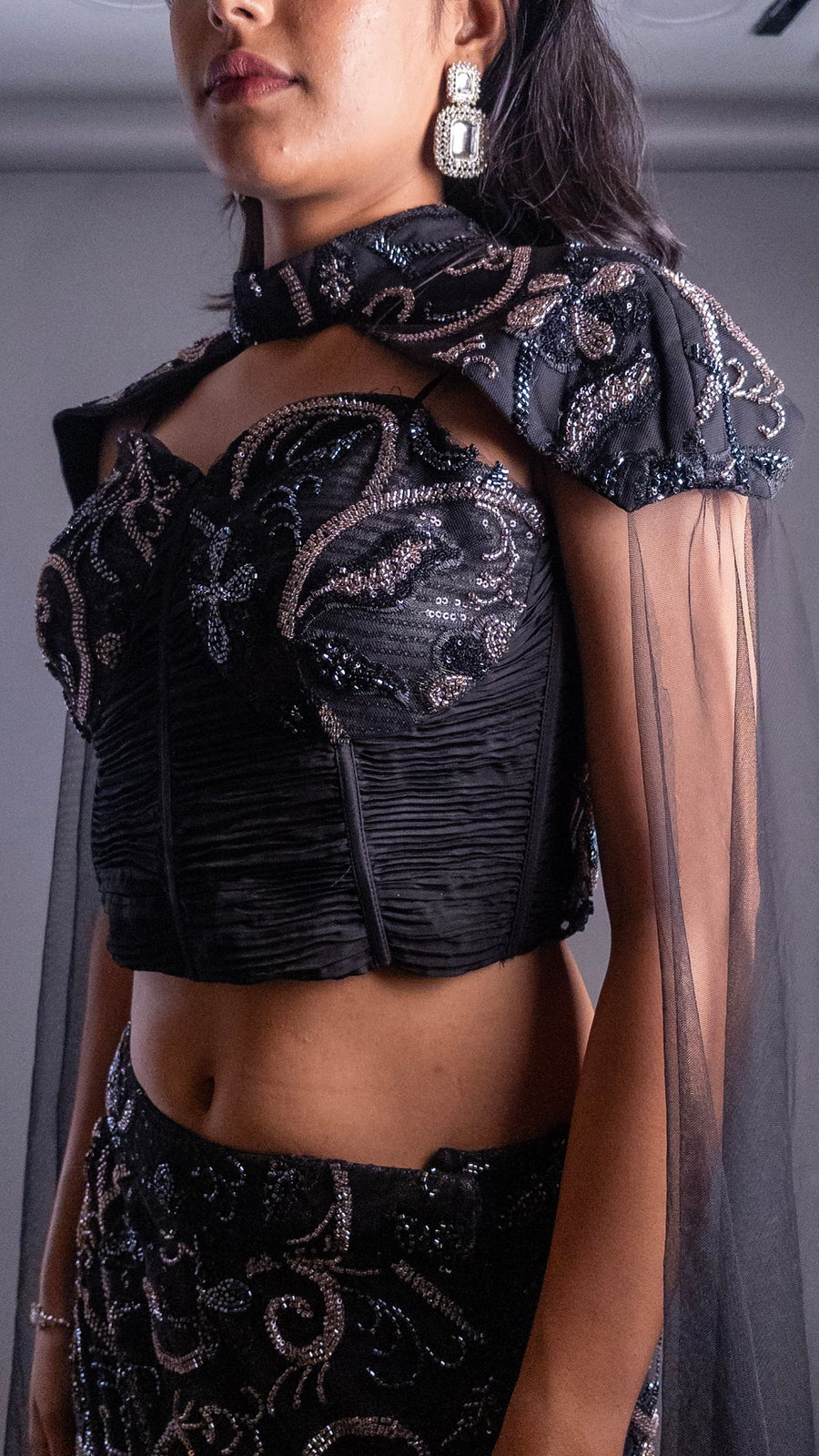 Black Net Mermaid Lehenga With Cape — dupatta detail